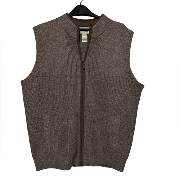 L.L. Bean Other - LL Bean Brown Tan Merino Lambs Wool Ribbed‎ Knit Full Zip Sweater Vest Large